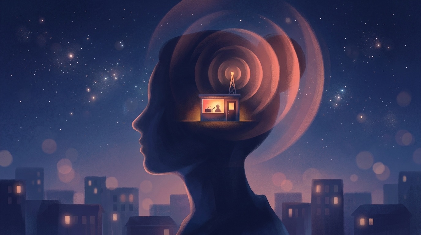 頭の中に小さなラジオ局があり、夜空に音が広がるイラスト