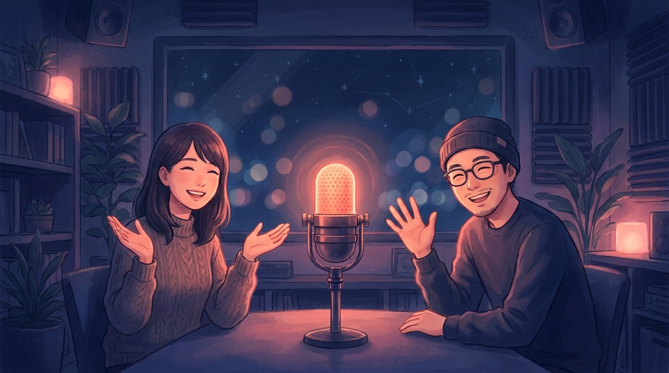 マイクと2人のキャラクターが迎え入れるイラスト