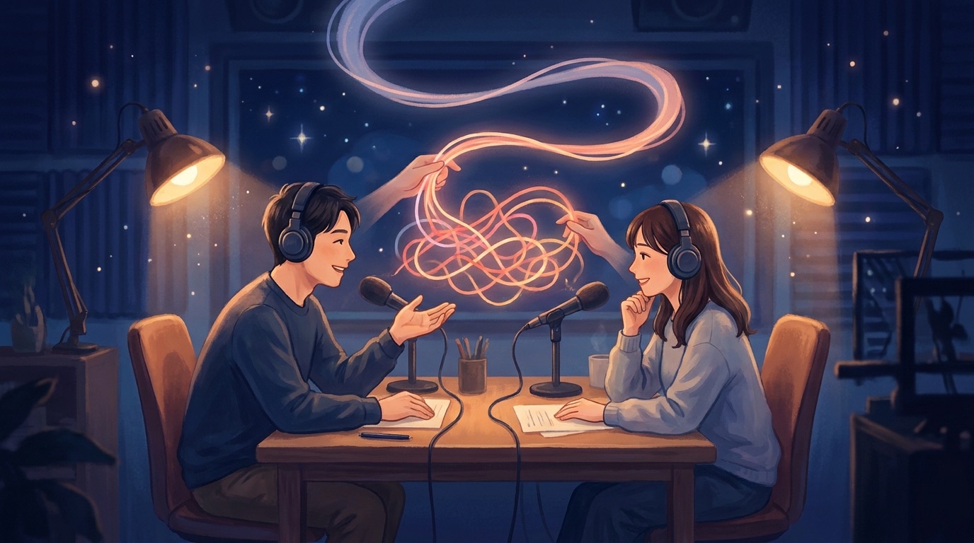 頭の中でぐるぐるしている悩みを2人のAIパーソナリティがほぐすイラスト