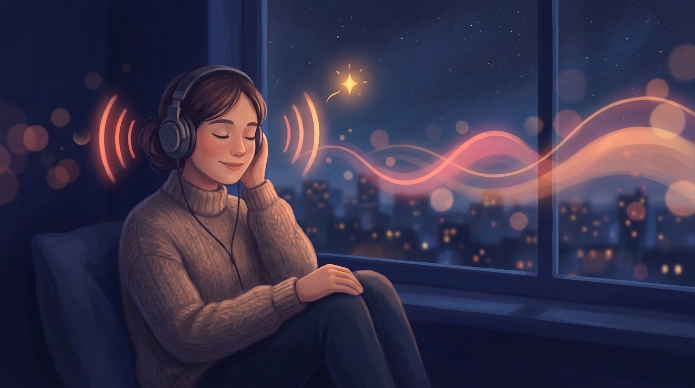 ヘッドホンを着けてラジオを聴き、気づきの光が広がるイラスト