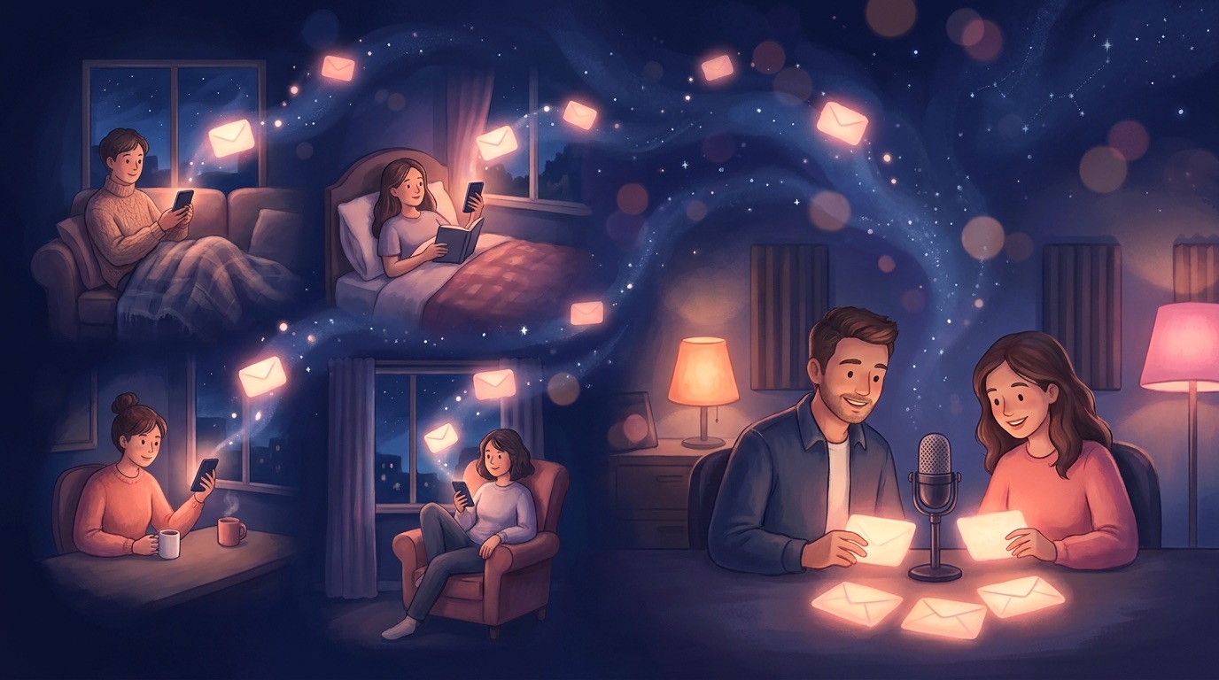 複数の人がスマホからお便りを送り、パーソナリティが番組で読み上げるイラスト