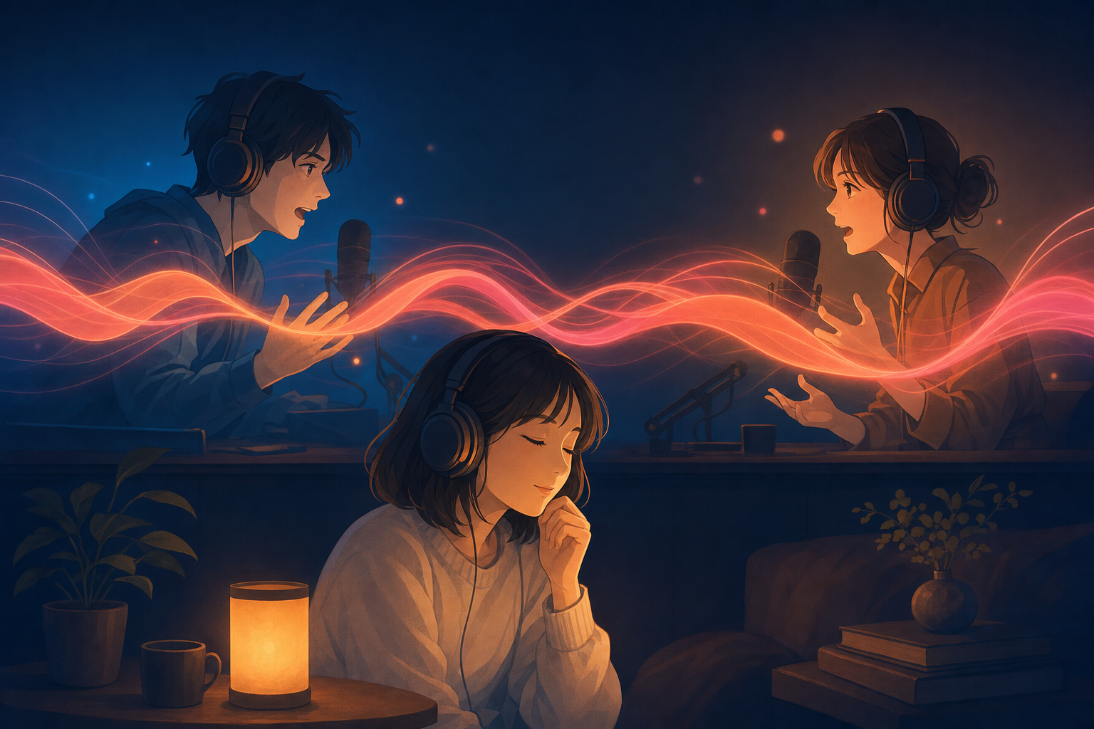 2人のパーソナリティが左右から向き合って議論し、その間で音波がぶつかり合うイラスト