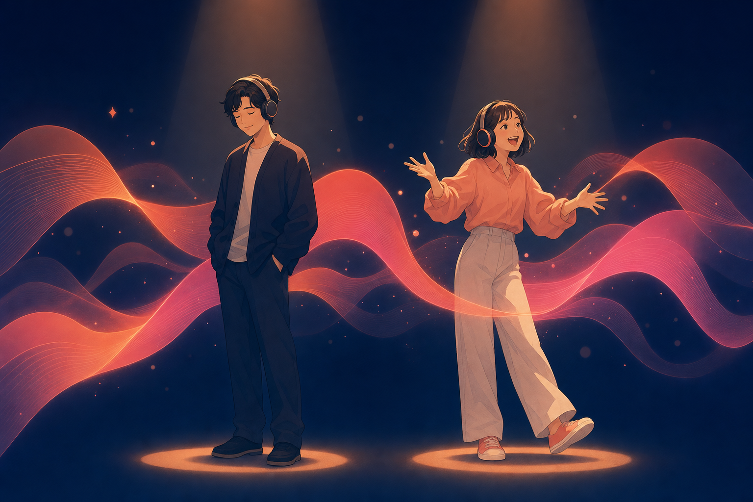 対照的な2人のパーソナリティがスポットライトの下に並び、間に音波が渦巻くイラスト