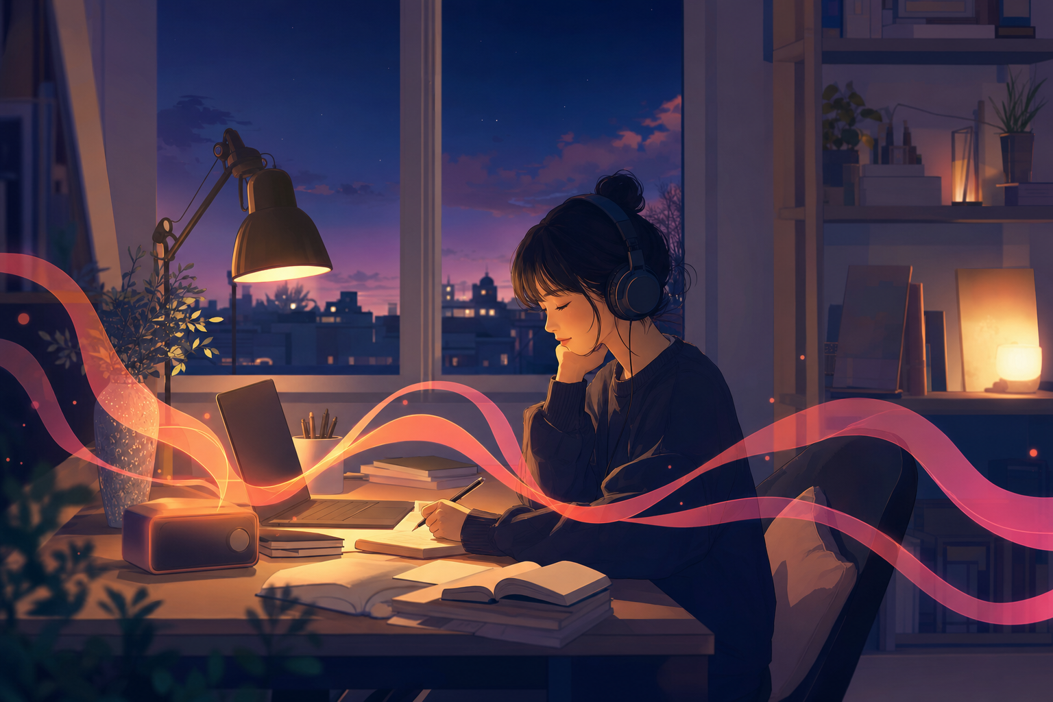 机で本とノートに向かい、ヘッドホンで落ち着いてラジオを聴きながら勉強する人のイラスト
