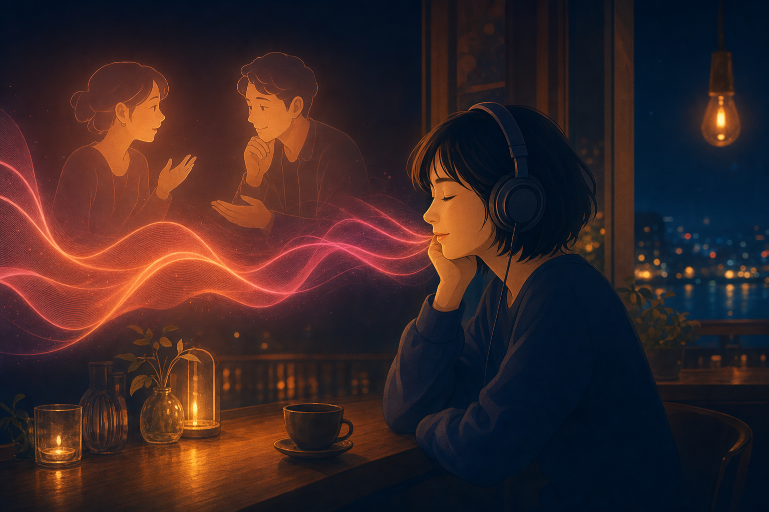 夜、ヘッドホンで2人の相談相手の会話に耳をかたむける人のイラスト